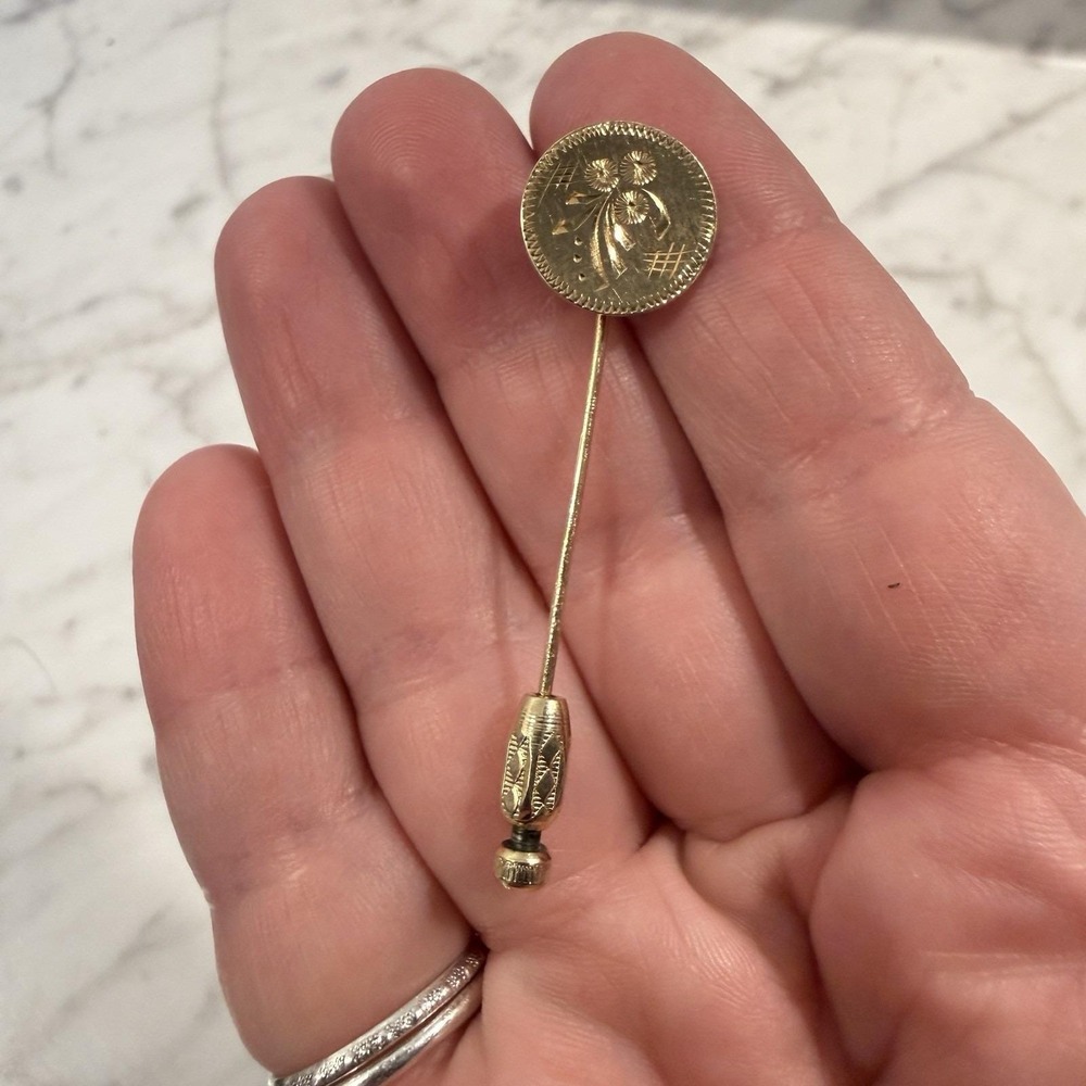 14k Yellow Gold Engraved Floral Flower Stick Pin Yugoslavia 1.5 gr Vintage - Picture 8 of 8